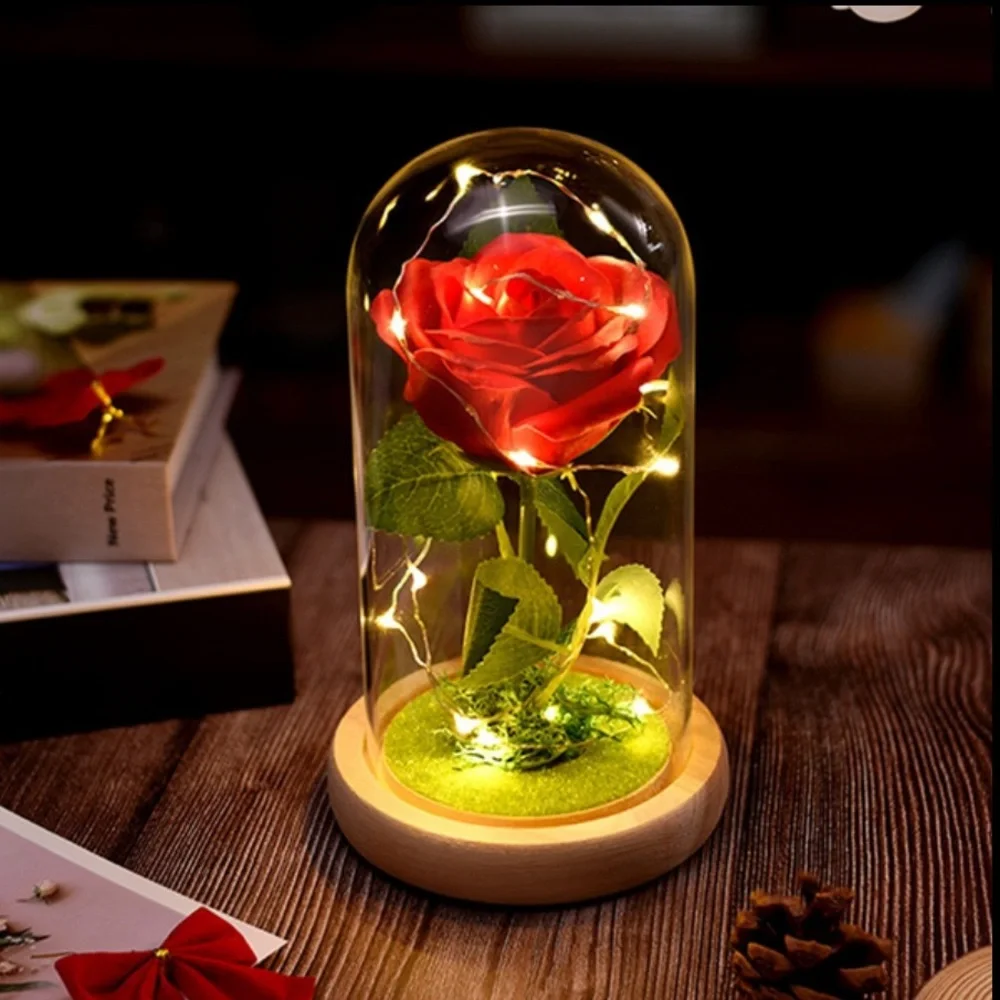 Enchanted LED Light Artificial Eternal Rose In Glass Dome With Wooden Base Decor